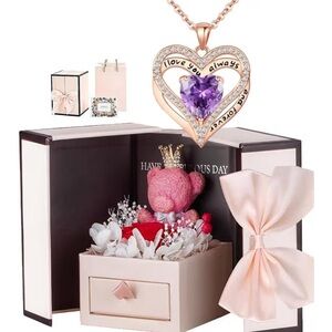 Preserved Rose Gift Box, Cute Moss Bear & heart necklace